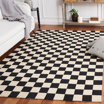 X Area Rug Collection - 6' Square, Black & Beige, Handmade Wool, Checkered Pattern, Ideal, Dining Space (MSR4760Z)