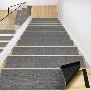 Peel and Stick Carpet Stair Treads for Wooden Steps Set of 15, Non Slip Adhesive Jute Stair Mats Indoor, Rubber