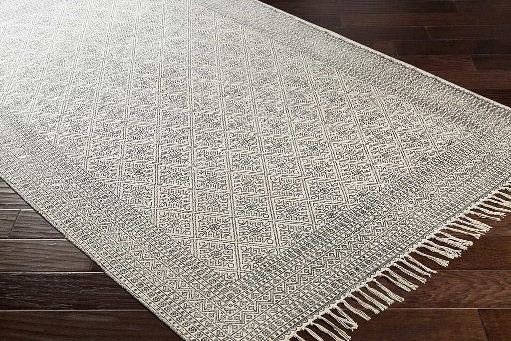 Geneva Living Room, Bedroom Area Rug - Geometric Diamond Border Lattice - Traditional Farmhouse Transitional Boho