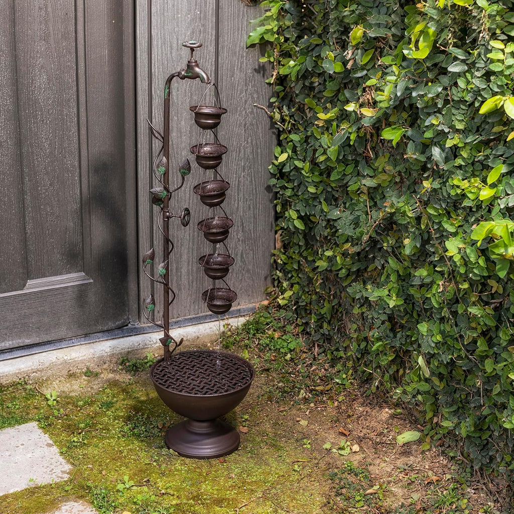 MAZ254 Outdoor Floor Tiered Vintage Water Fountain w/ 6 Hanging Cups, Soothing Tier Waterfall, 38", Bronze