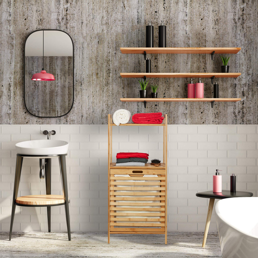 Laundry Cabinet with Laundry Basket, Bamboo Bathroom Shelf with Fold-Out Laundry Hamper, HBT 100 x 45.5 x 33.5 cm