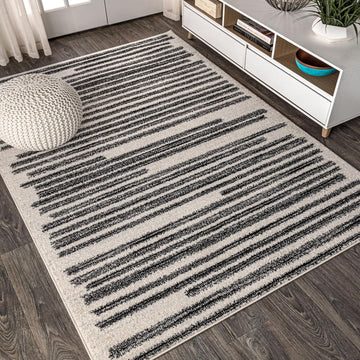 Khalil Modern Berber Stripe Cream/Black Indoor Area Rug, 8x10, Contemporary, Bohemian, Easy-Cleaning