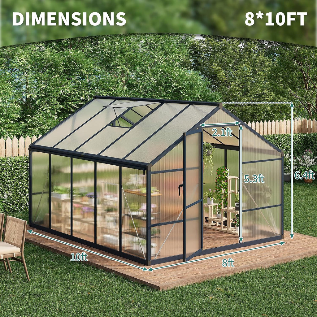 8x10ft Walk-in Greenhouse, Heavy Duty Large Outdoor Green House | Polycarbonate Garden Greenhouse with Roof Vent