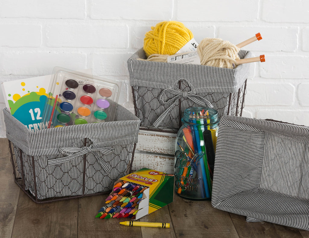 Farmhouse Chicken Wire Storage Baskets with Liner, Small, Rustic Black & White Ticking Stripe, 9x7x6", 3 Piece