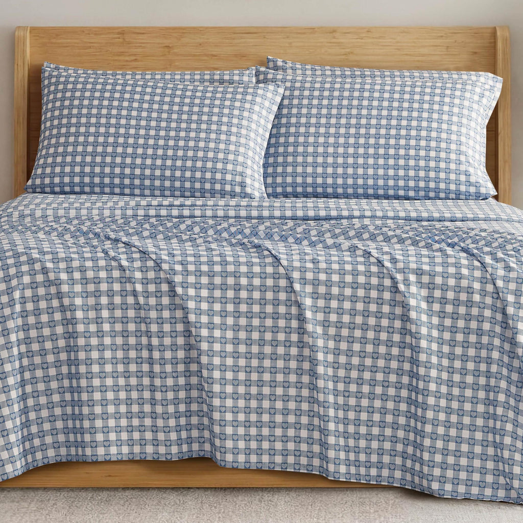 Heart Gingham Microfiber Sheet Set with Extra Pillowcases, Soft Lightweight 100% Polyester Bedding, Blue