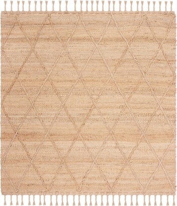 Natural Fiber Collection Area Rug - 4' Square, Natural, Farmhouse Rustic Moroccan Trellis Braided Tassel Jute Design