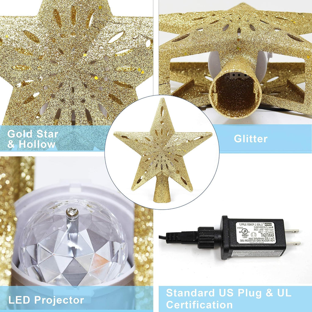 Christmas Star Tree Topper Lighted with Projector, Built-in LED Rotating Lights, Gold 3D Glitter Decorations for Xmas