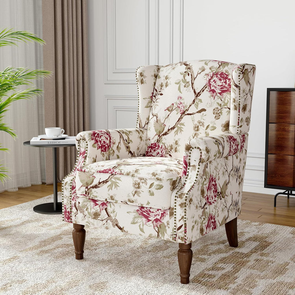 Wingback Accent Chair, High Back Armchair , Beige | Ergonomic Design | Linen Fabric | High-Resilient Foam Seat |