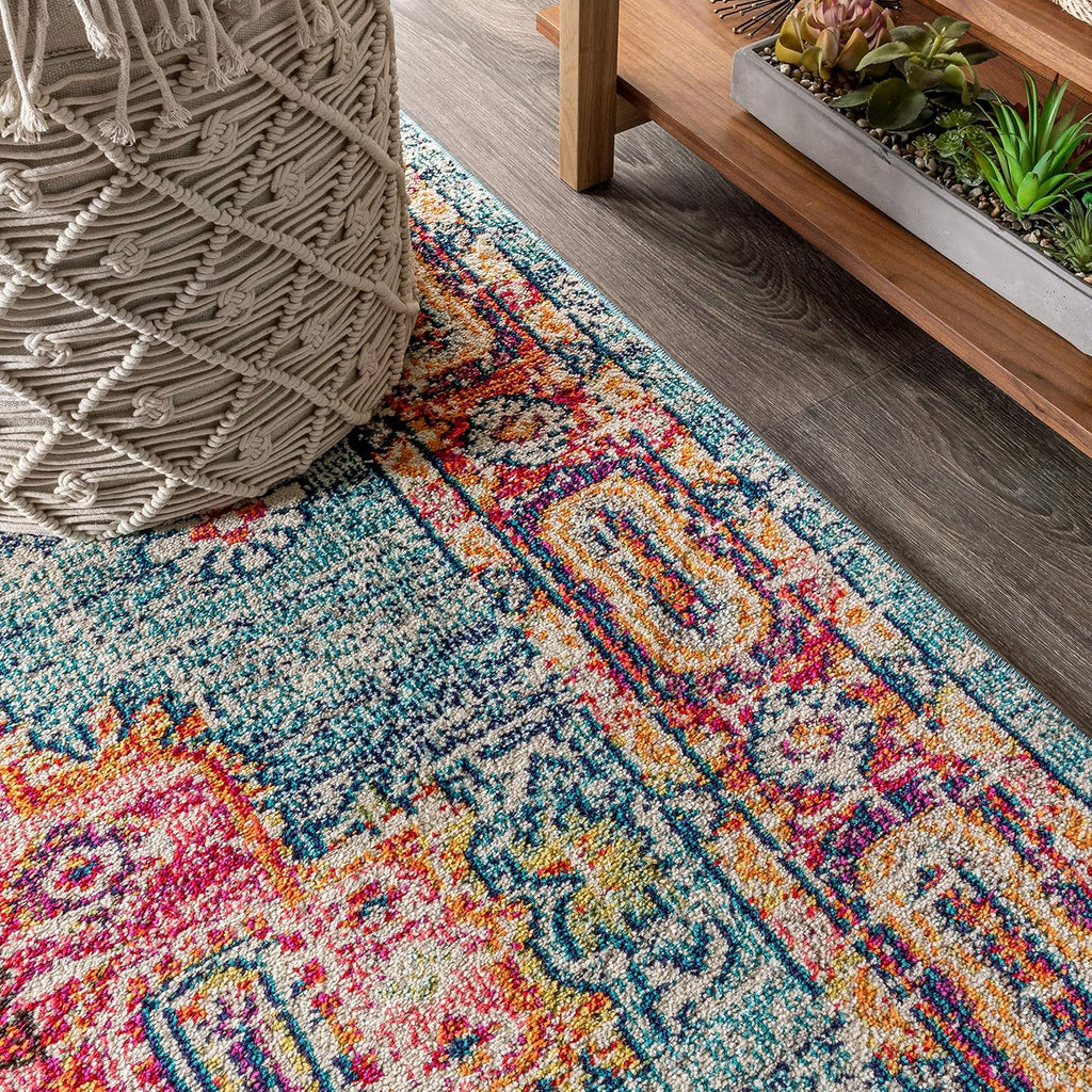 Vintage Boho Blue/Red Indoor Area Rug, Bohemian Flair Traditional Medallion, Floral Easy-Cleaning High Traffic
