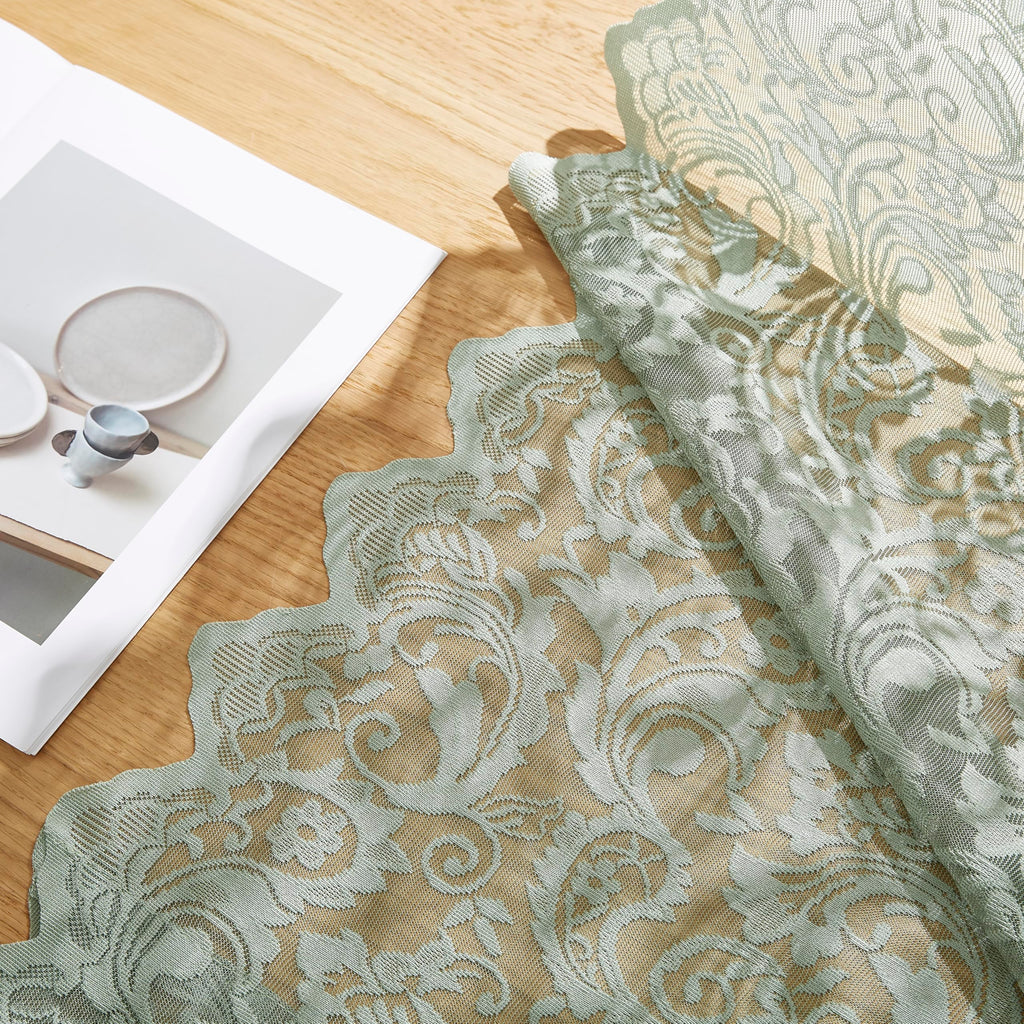 Sage Green Lace Sheer Curtains Small Window Boho Vintage Floral Embroidered Drapes with Scalloped Edge, Light