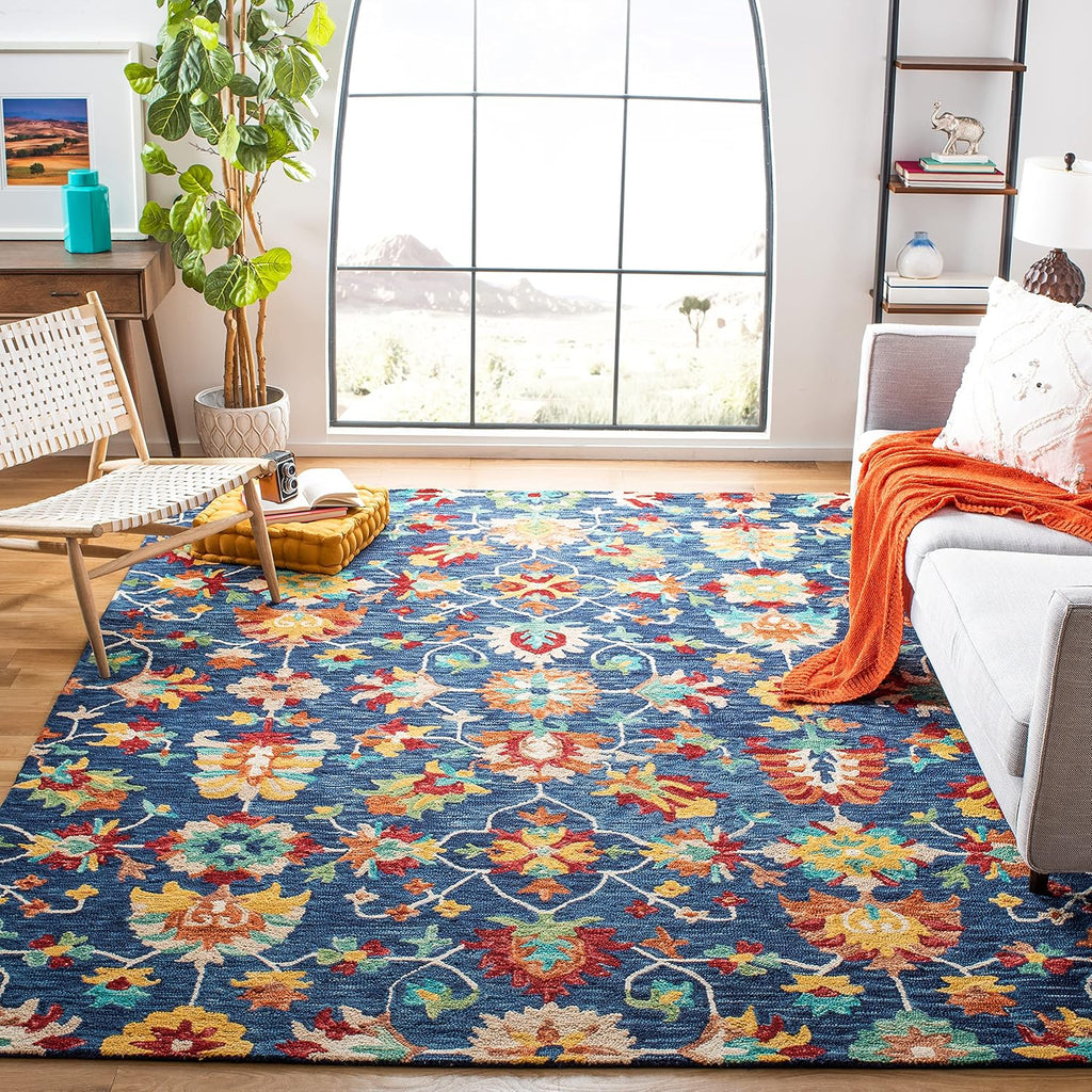 Aspen Area Rug - 10' x 14', Navy & Red, Handmade Boho Floral Wool