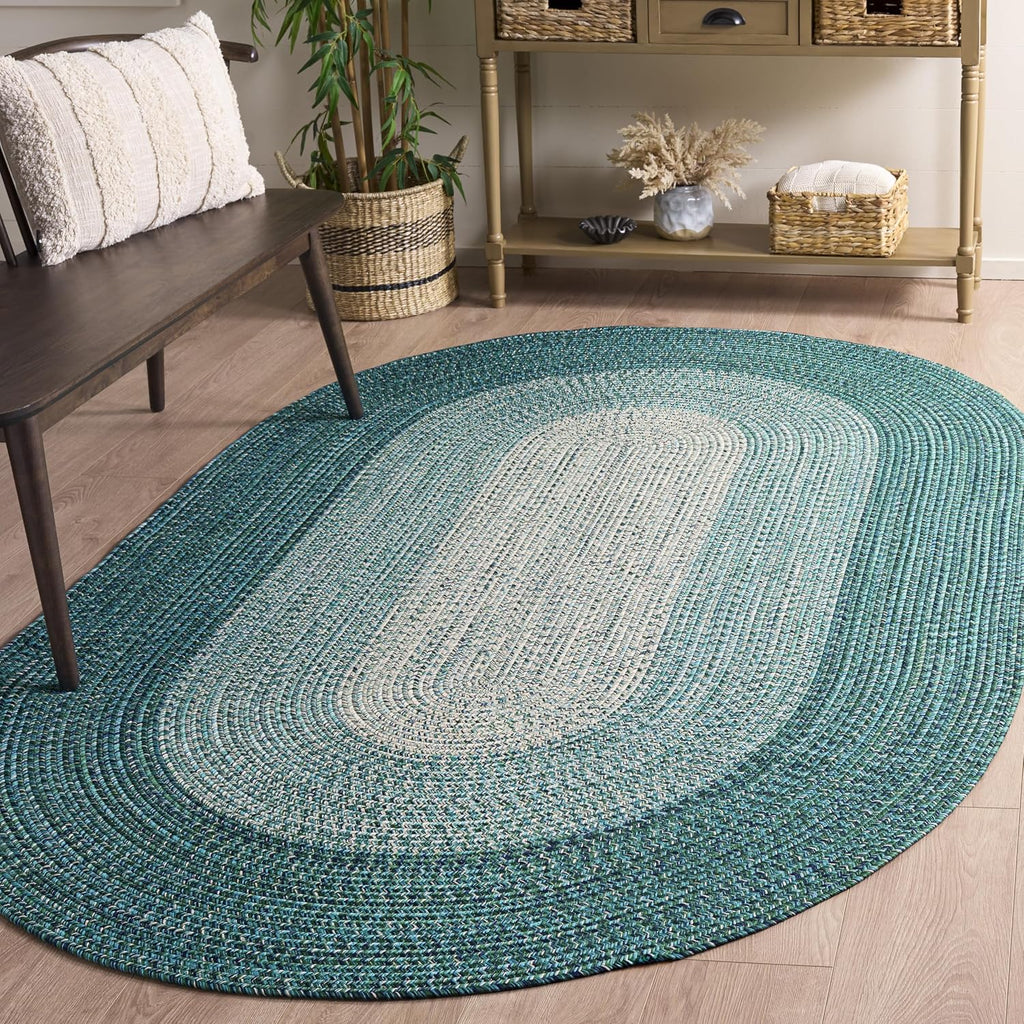 Braided Indoor/Outdoor Oval Rug 4x6, Ivory & Turquoise BRA220K
