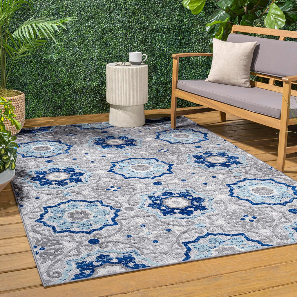 Mediterranean Medallion Indoor Outdoor Area Rug Blue/Gray, Boho for Backyard, Patio, Porch, Easy-Cleaning, High
