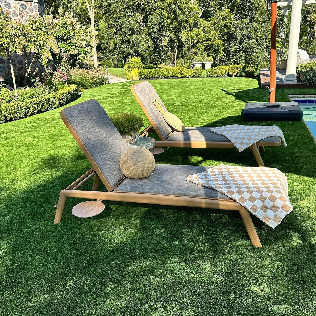 Patio Chaise Lounge with Quick-Dry Cushion Adjustable Back Teak | Heavy-duty Frame, Pull-out Table, 1.54" Soft