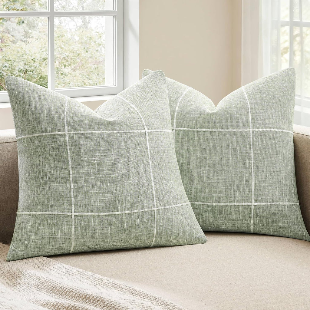 2 Packs Grid Embroidery Throw Pillow Covers, 18x18 Inch Light Sage Green, Farmhouse Linen Decorative Light Green