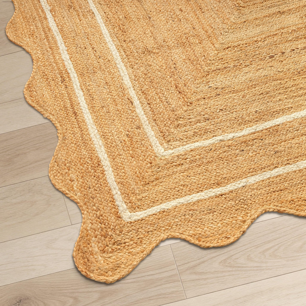 Jute Area Rug Natural Wave Scallop Ivory Border Handmade Rug