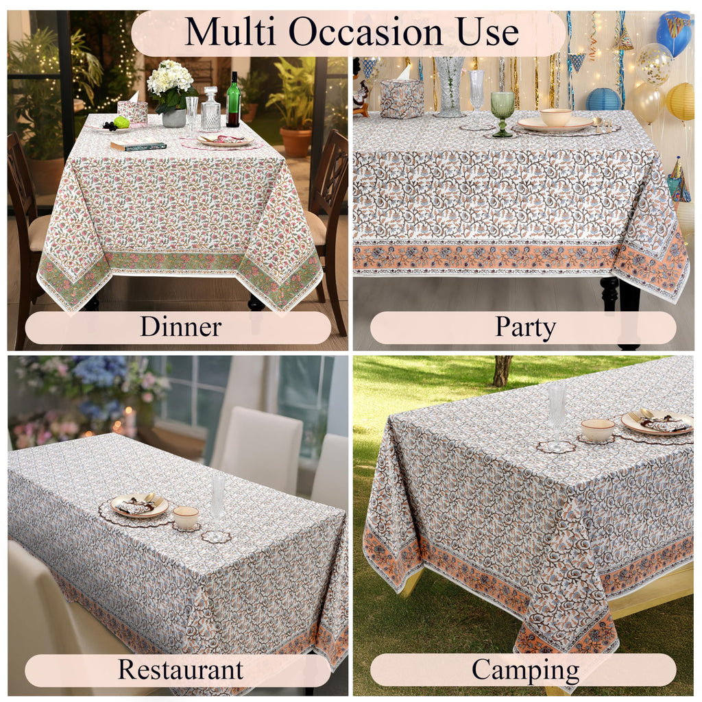 Brown Meadow Vine Hand Block Print Rectangle Tablecloth 108x70 Inch