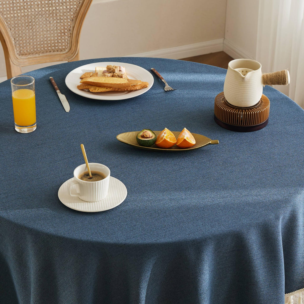 Tassel Linen Round Table Cloth, Navy 60 Inch