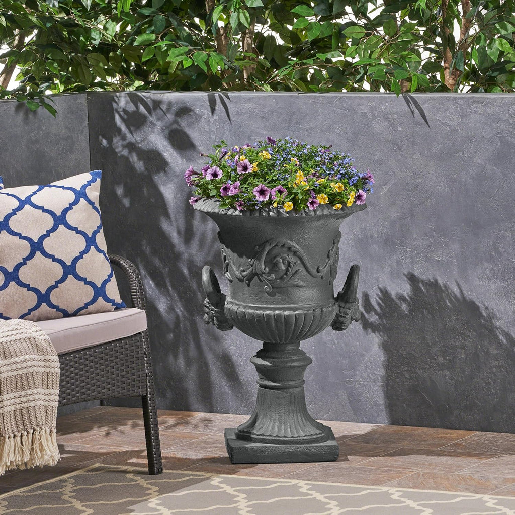 28-inch MGO Roman Garden Urn Planter, Lightweight Concrete Indoor Outdoor Flower Pot with Drainage Hole & Stopper
