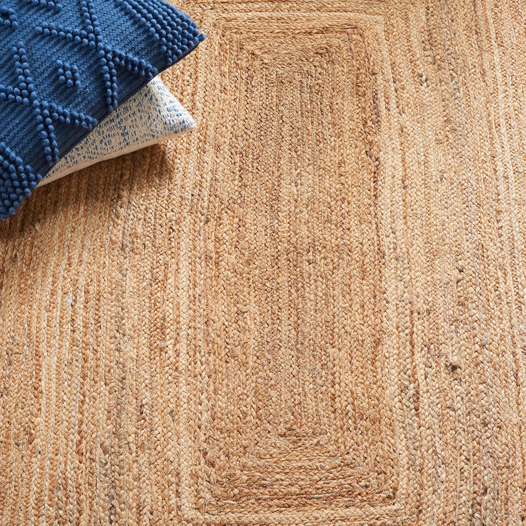 Natural Fiber Collection Area Rug - 6' Square, Natural & Blue, Handmade Flat Weave Boho Farmhouse Rustic Border Jute
