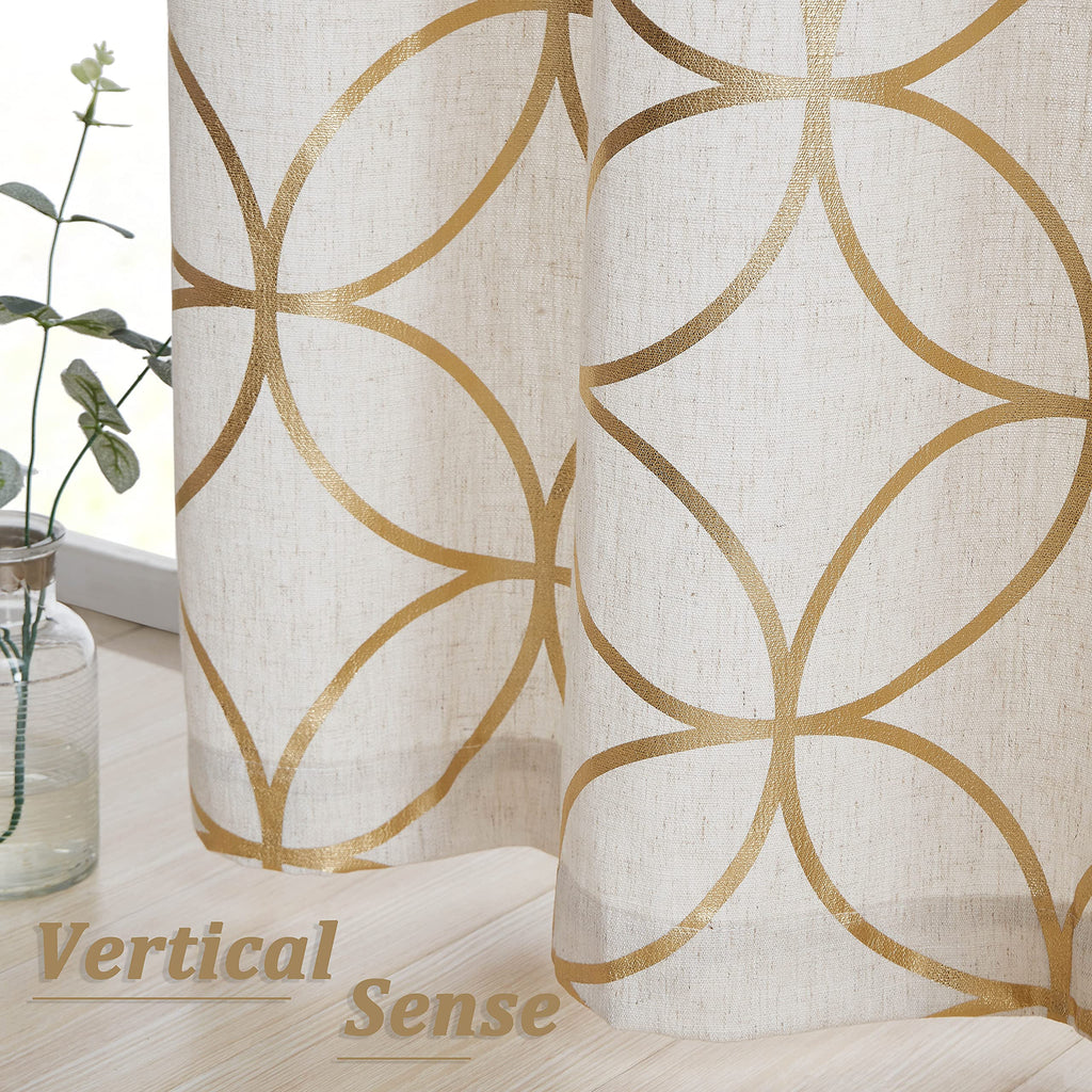 Gold Foil Print Linen Sheer Curtains Moroccan Geometric 84Inch