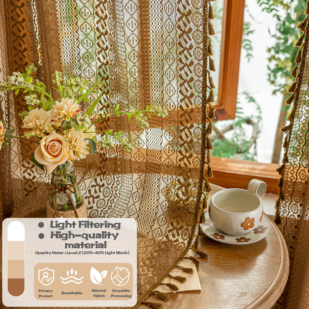 Boho Curtains 2 Panels Nursery, Lace Curtains Bohemian Semi Sheer Farmhouse Crochet Privacy Vintage Tassels Taupe