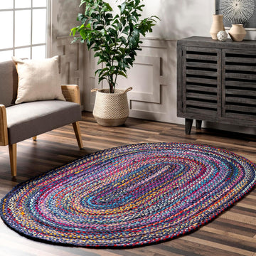Tammara Blue Multicolor Ombre Braided Area Rug, Oval 4' x 6' | Tammara Ombre Oval 4' x 6' Area Rug Bedroom Dining
