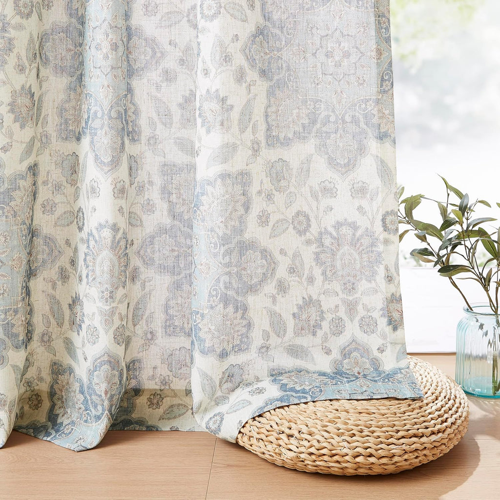 Navy Blue Floral Print Pinch Pleated Light Filtering Curtains with Microfiber Liner Linen Blended Textured Vintage