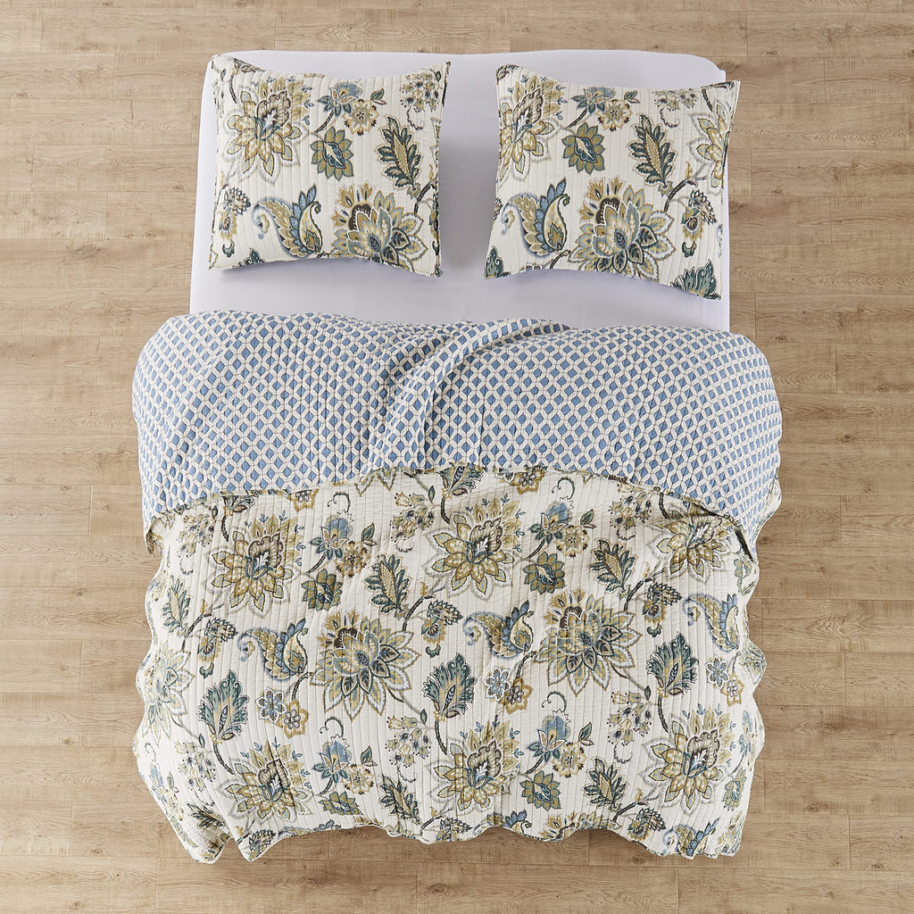 Grey Palladium Quilt Set - Quilt 106x92in. + Two Pillow Shams 36x20in. - Paisley - Green, Yellow