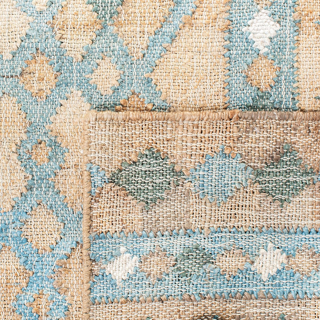 Area Rug - Kilim Collection - Large - Natural & Blue, Flat Weave Jute, Ideal, Dining Space (KLM759M)