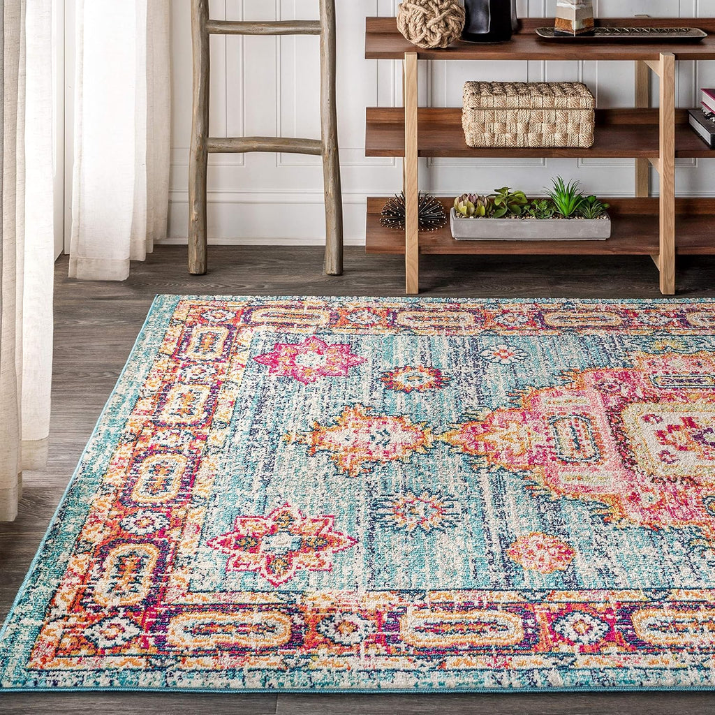Vintage Boho Blue/Red Indoor Area Rug, Bohemian Flair Traditional Medallion, Floral Easy-Cleaning High Traffic