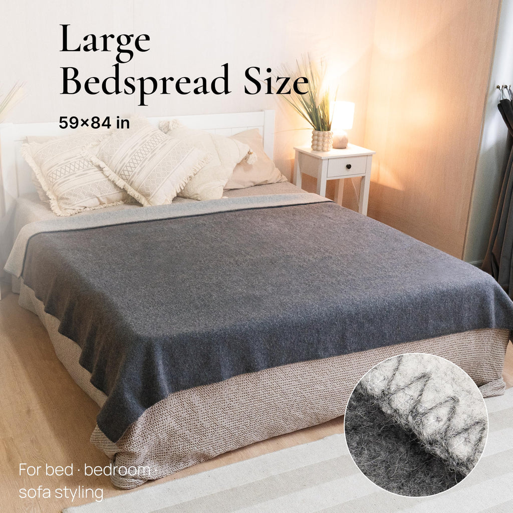 Merino Wool Blanket for Twin Bed & Couch, Reversible Warm Throw, 59 x 85 in