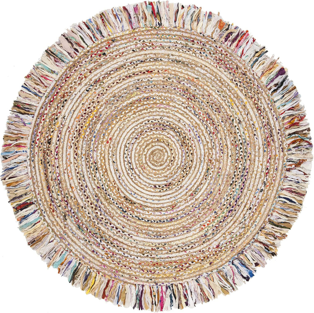 Cape Cod Collection Area Rug - 6' Round, Ivory & Light Beige, Handmade Boho Fringe Jute & Cotton, Ideal for High