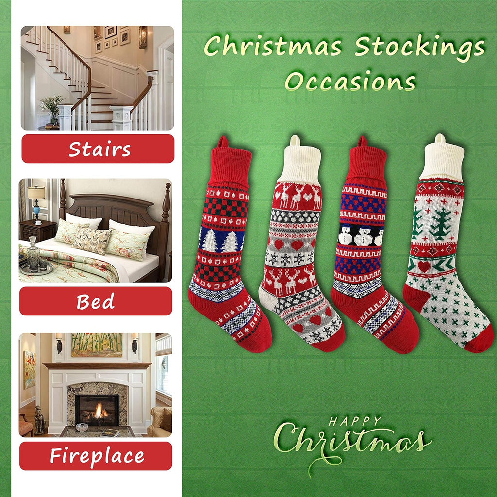 Set of 4 20'' Extra Long Knitted Christmas Stockings Stretchable Handmade Woven Snowflakes and Reindeer Assorted Xmas