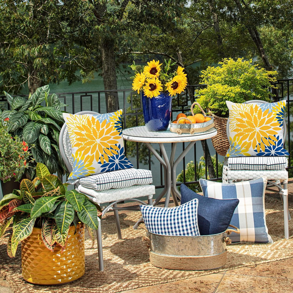 Yellow Blue Flower Pillow Covers 18x18 Inch Set of 2 White Gray Colored Throw Pillows Outdoor Waterproof Decor
