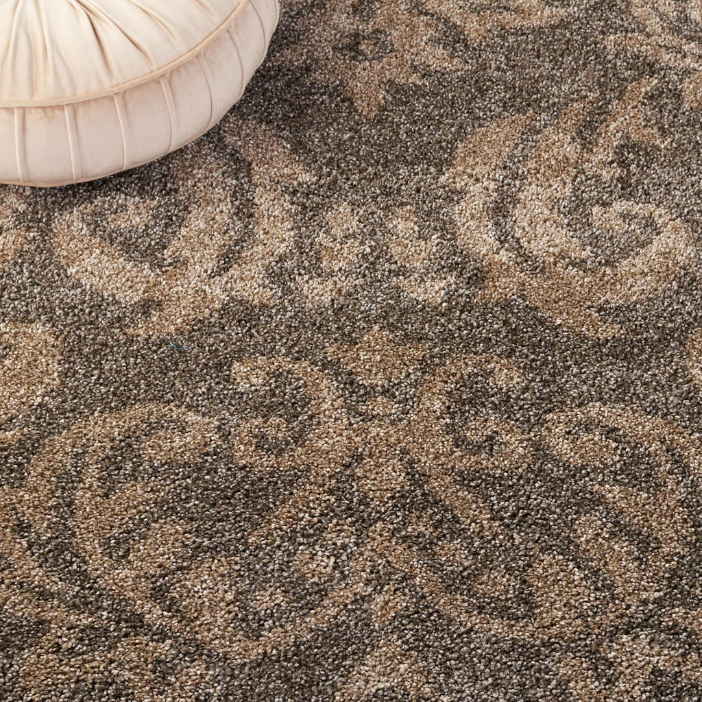 Florida Shag Collection Area Rug - 6'7" Square, Smoke & Beige, Damask Design, Non-Shedding & Easy Care, 1.2-inch