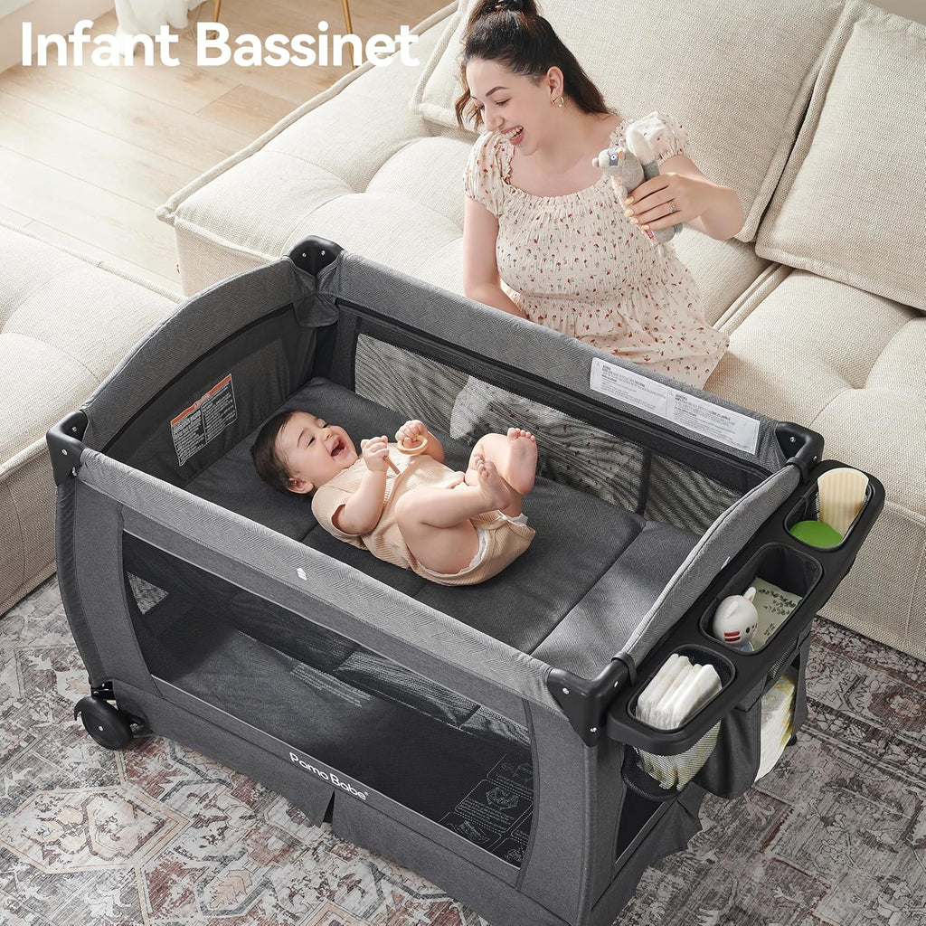 Pack and Play 4-in-1 Baby Playard with Bassinet & Changing Table, Foldable Portable Playpen with Mattress, Travel