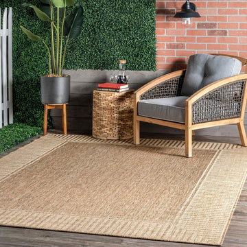Asha Light Brown Bordered Indoor/Outdoor Area Rug, 5' x 8'