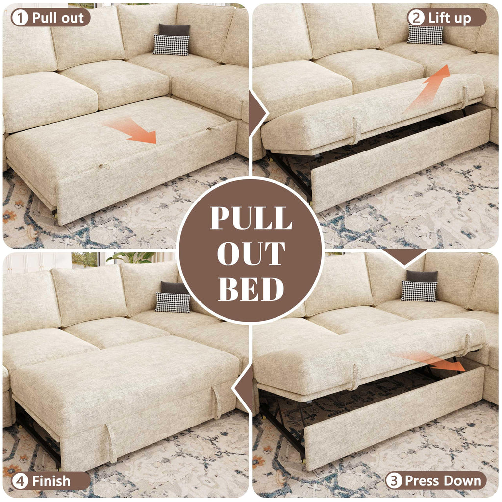 106'' Modular Sectional Sofa with Pull Out Bed, Sleeper Sofa, Beige