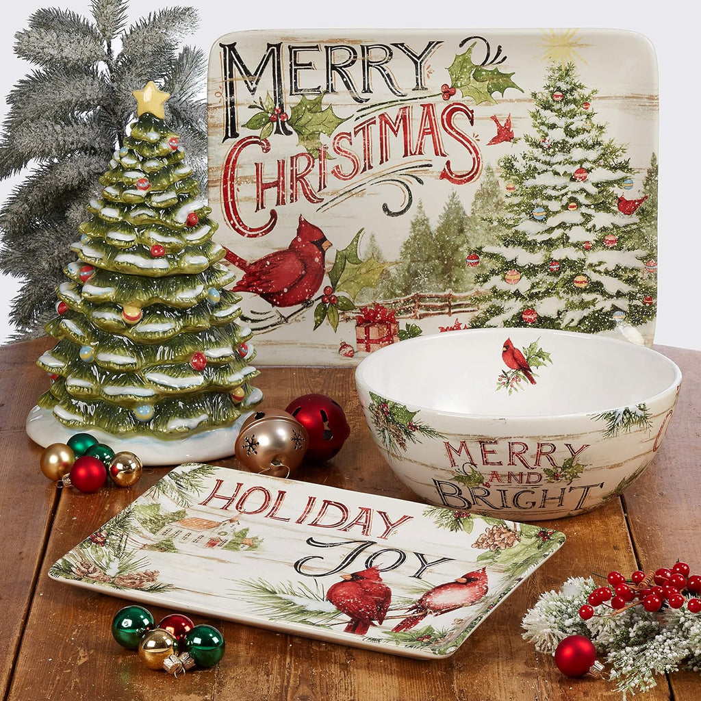 Evergreen Christmas 16x12 Rectangular Serving Platter with Santa & Tree Design - Festive Holiday Ceramic Tray