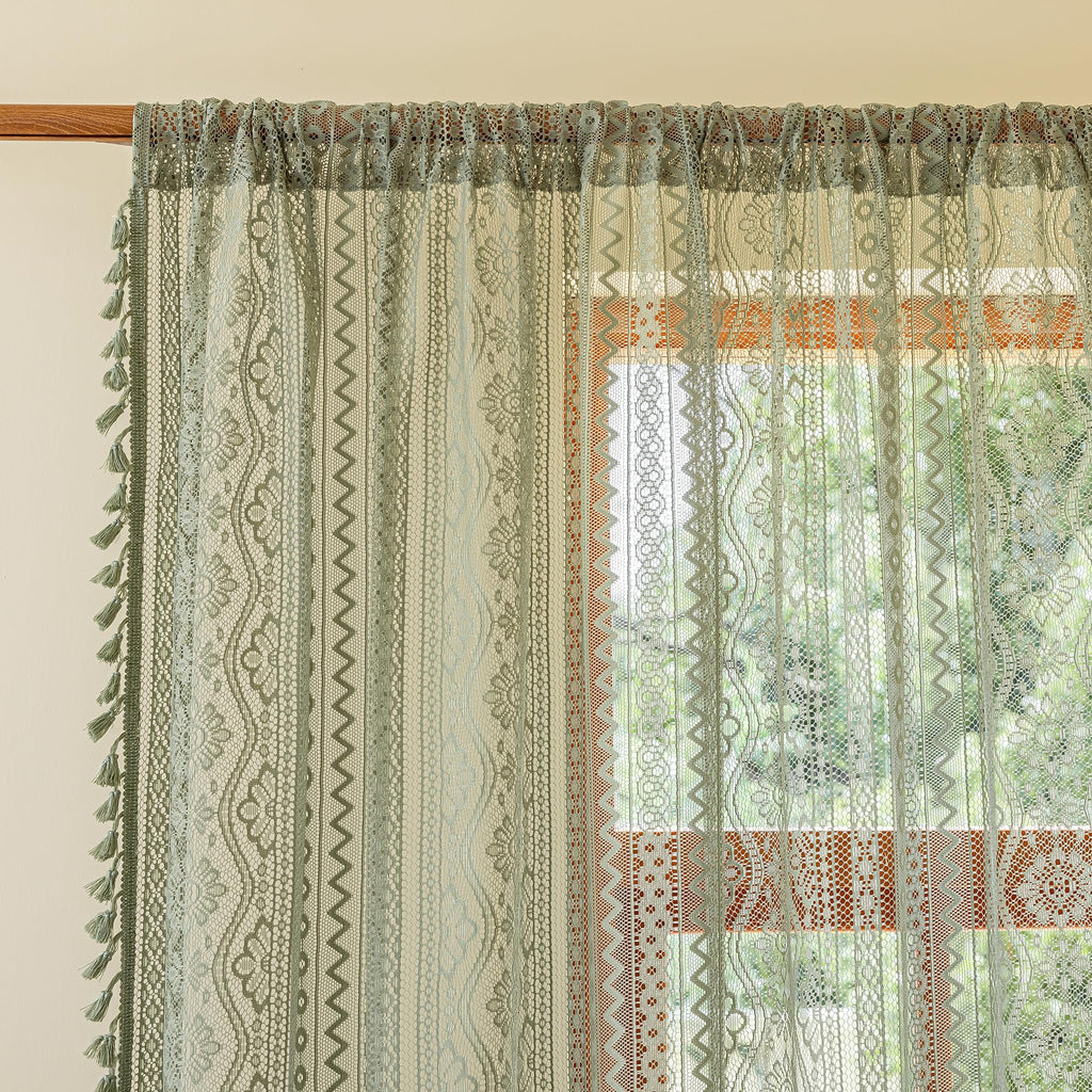 Sage Green Boho Lace Curtains with Tassel 90 Inch Length 2 Panels Vintage Floral Bohemian Crochet Geometry Striped