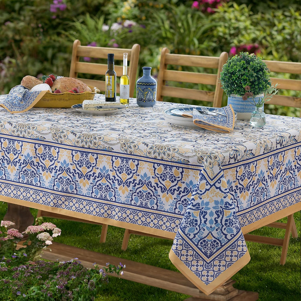 Rectangle Fabric Tablecloth, 60 x 84 Inch, Allure Yellow and Blue Floral Bordered Print, Indoor Outd