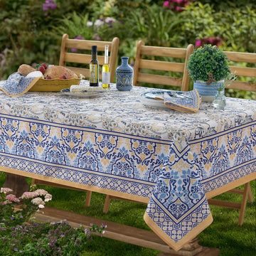 Rectangle Fabric Tablecloth, 60 x 84 Inch, Allure Yellow and Blue Floral Bordered Print, Indoor Outd