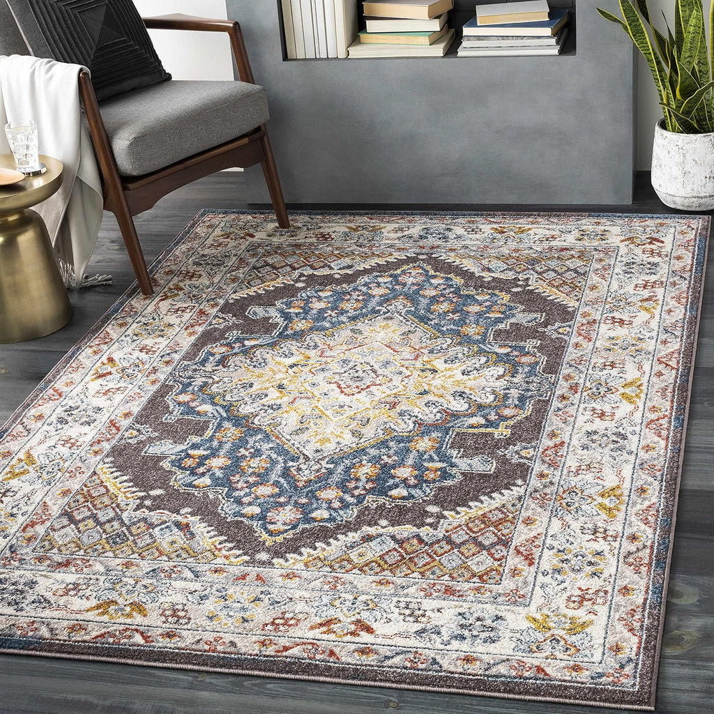 Blue Medallion Traditional Cream Area Rug Taupe Charcoal Gray Navy Haymond Living Room Bedroom Dining Room Home