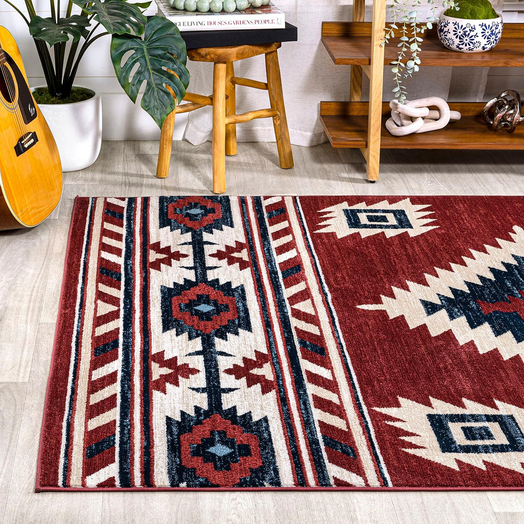 Medallion Southwestern Indoor Area Rug Red/Navy/Cream, Serape, Easy-Cleaning, High Traffic, Pet-Friendly
