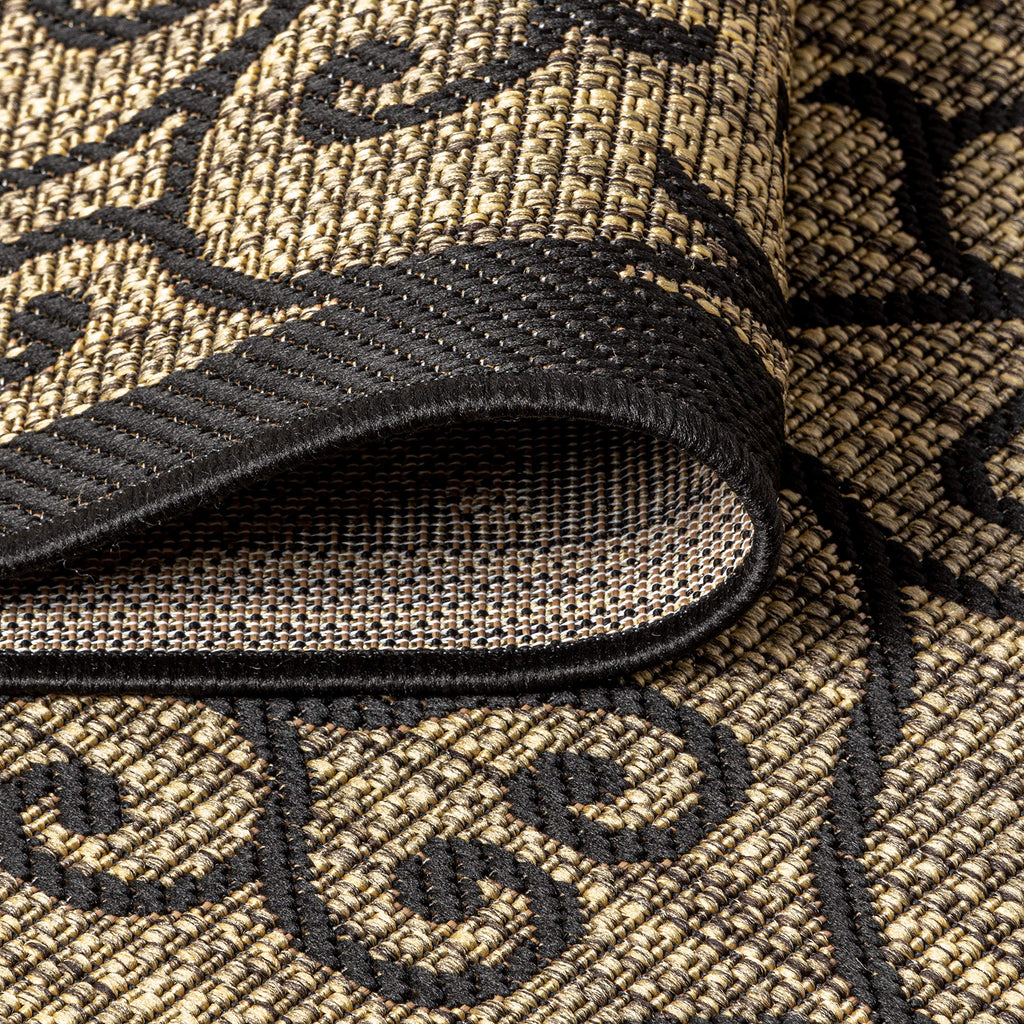 Vintage Filigree Indoor Outdoor Runner Rug Black/Khaki, Madrid Textured Weave for Backyard, Patio, Porch