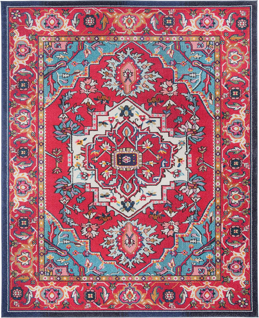 Monaco Collection Area Rug, Red & Turquoise, Boho Oriental Medallion Design, Non-Shedding & Easy Care