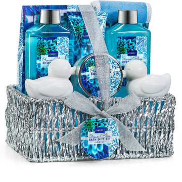 Spa Gift Basket in Heavenly Ocean Bliss Scent - 9pc Bath & Body Set - Shower Gel, Bubble Bath, Bath Salt, Body