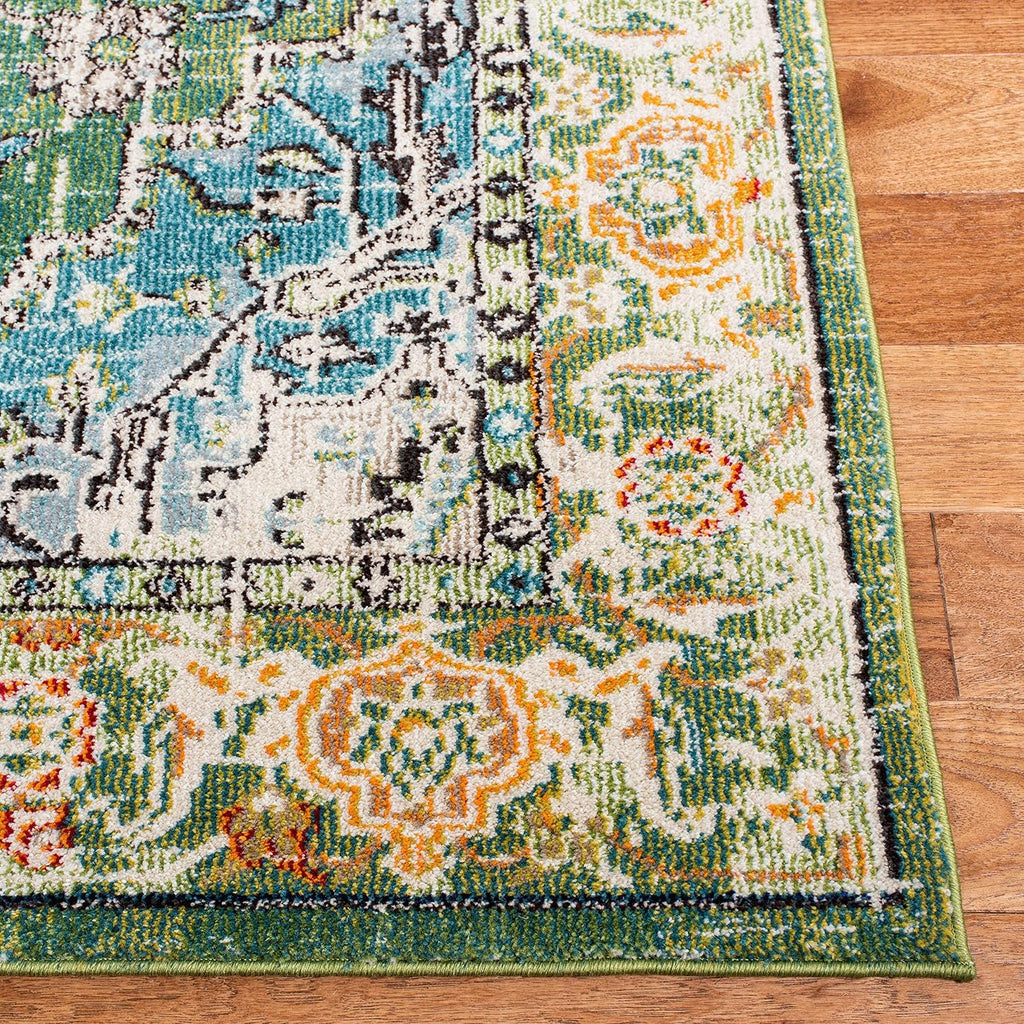 Monaco Collection Area Rug, Green & Turquoise, Boho Oriental Medallion Design, Non-Shedding & Easy