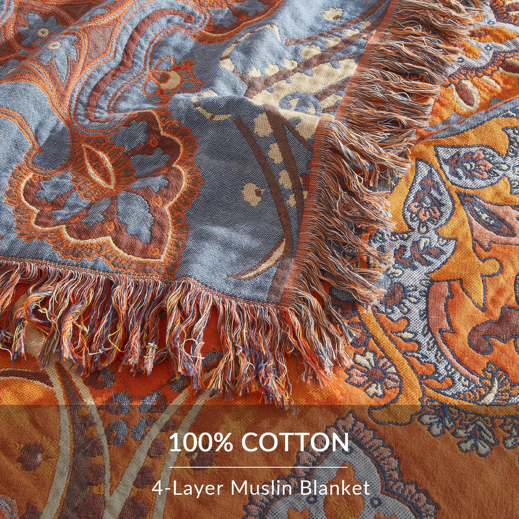 Boho Throw Blanket, 100% Cotton, Woven Floral Pattern, 60"x80"